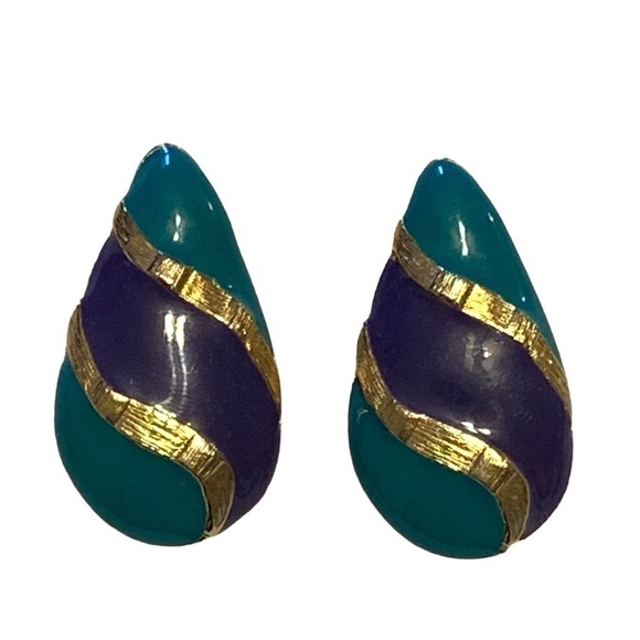 Vintage Jewelry - Vintage Enameled Earrings Blue Purple Gold